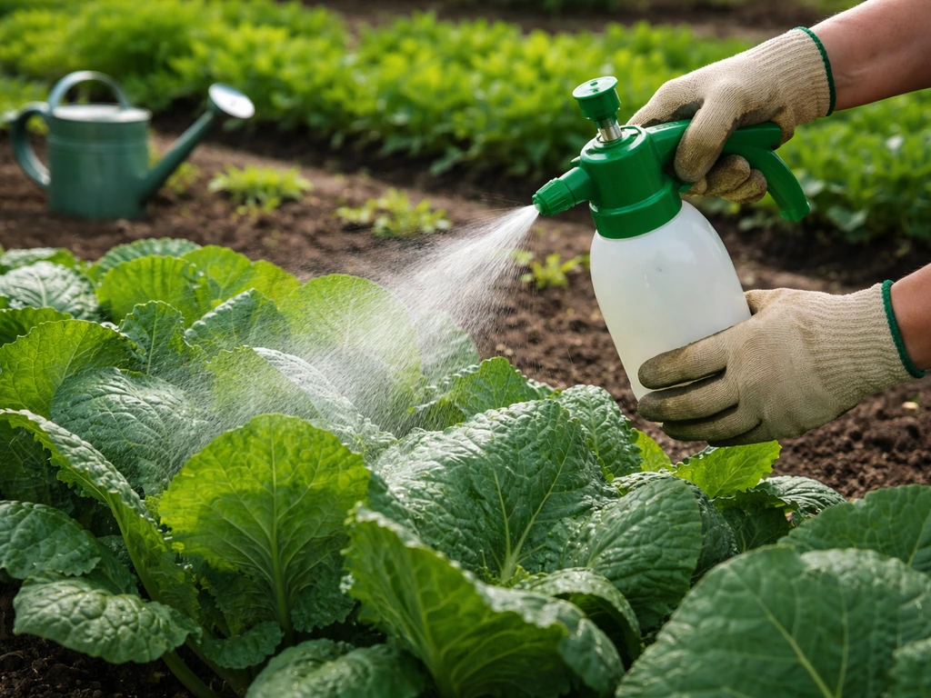Gloved hands misting green vegetable leaves while a watering can sits by an outdoor garden bed