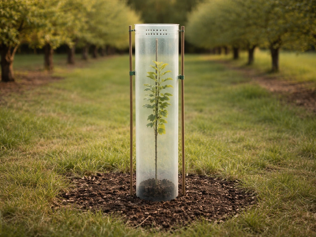 A young sapling in a secured tree grow tube with stakes in a weed-free orchard ground area.