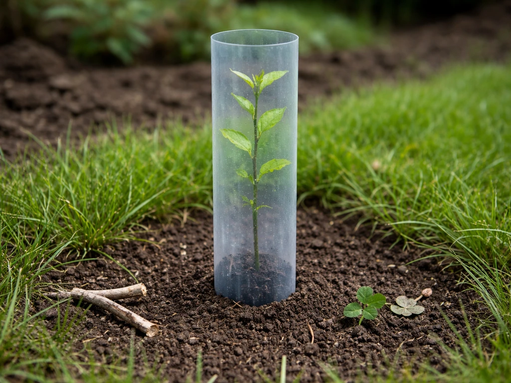 Young seedling protected by a plastic grow tube, with nearby signs of browsing at ground level.