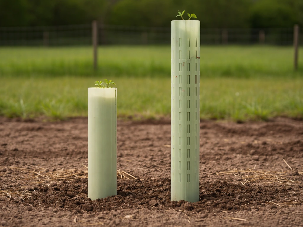 Close-up of tree grow tubes at different heights in a simple outdoor setting, comparing solid and ventilated types.