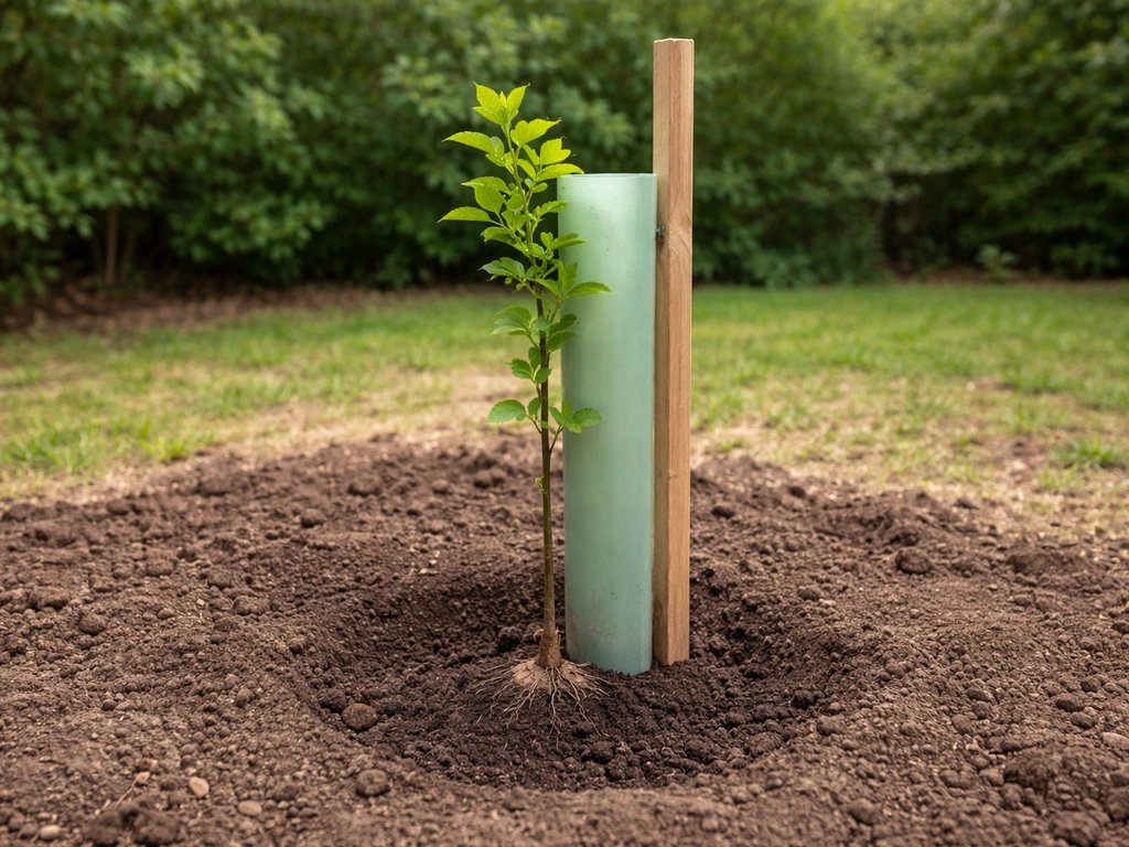New sapling planted with root flare above soil and a stake aligned with a protective tube