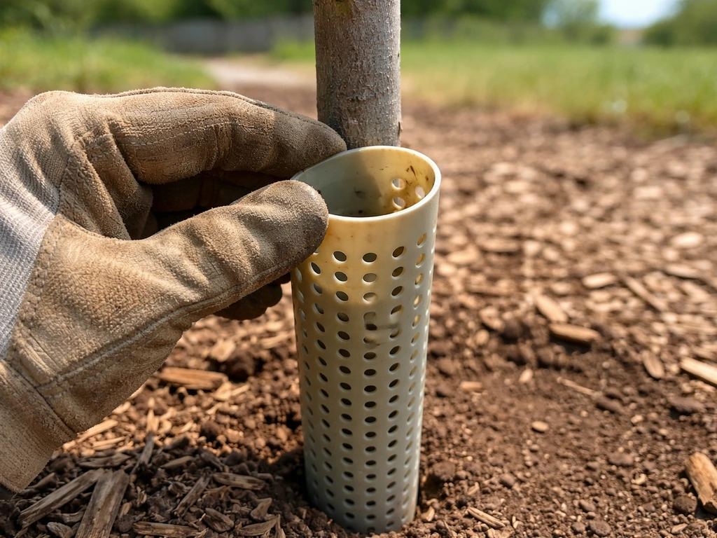 Contractor inspecting inside a ventilated garden tube near a mulched tree bed in summer heat