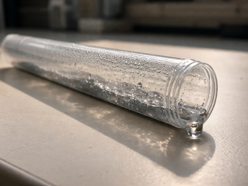 Close-up of a clear tube with small water droplets pooling inside, showing condensation and excess dripping risk