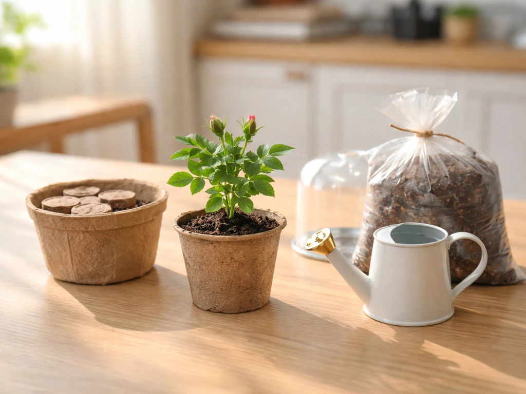 Mini rose seedling in its starter container with grow kit pieces neatly arranged on a sunny table