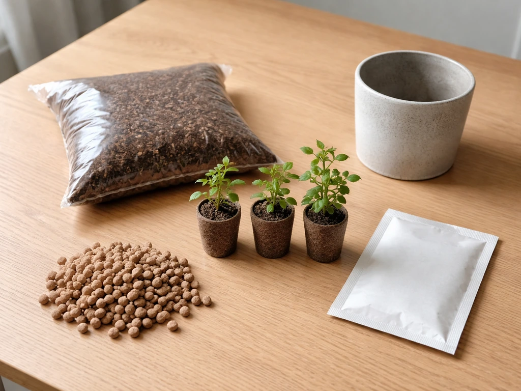 Mini rose grow kit components laid out on a table: media, plant starts, small pot, drainage, fertilizer.