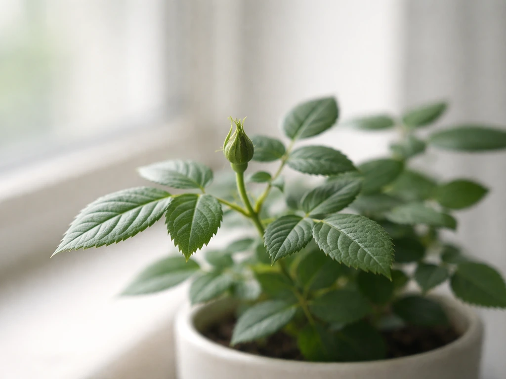 Mini rose leaves close-up near a bright window with soft, non-harsh indoor light