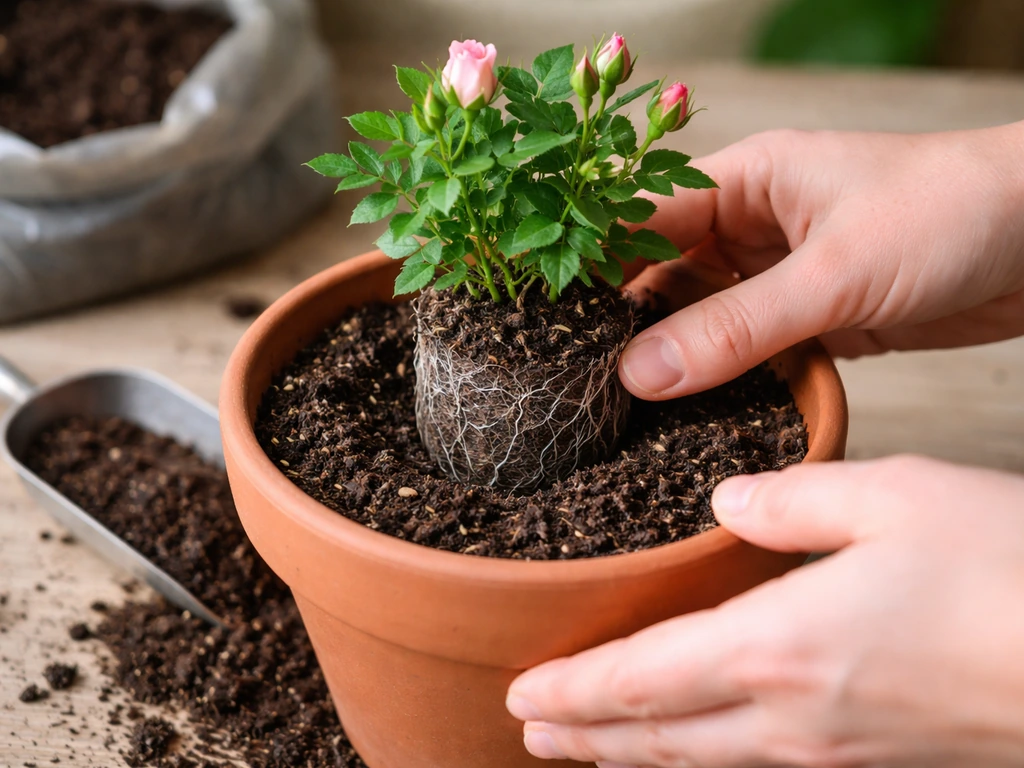 Hands transplanting a small rose from a peat pellet into a larger 4–6 inch pot with fresh potting mix.