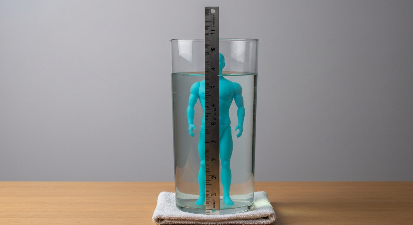 Photorealistic image of a water-expanded novelty polymer humanoid figure in a clear tall container with a ruler showing about 12–15 inches, on a neutral tabletop with a towel underneath.
