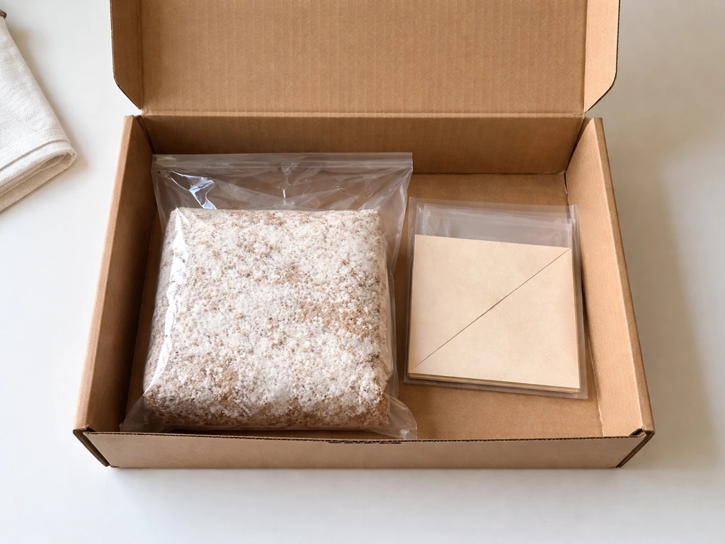 Grow kit components laid out in an open box: sealed mycelium substrate block and clear inserts/envelope.