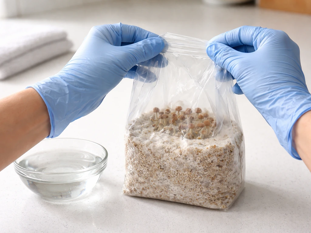 Clean hands opening a mushroom grow bag on a kitchen counter, preparing for soaking and venting.