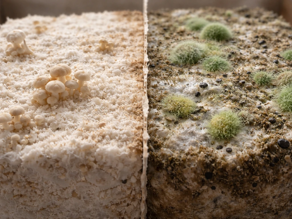 Close-up comparison of healthy mushroom substrate vs contamination with green and black patches.
