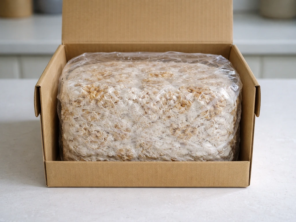Fresh shiitake grow block with visible mycelium inside simple grow kit packaging, ready for fruiting.