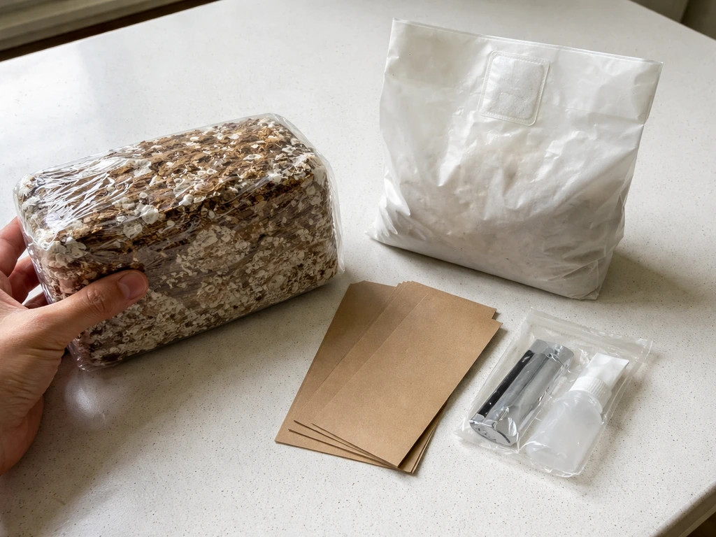 Hands lay out a shiitake grow kit on a clean counter: fruiting block, sealed bag, and plain inserts.