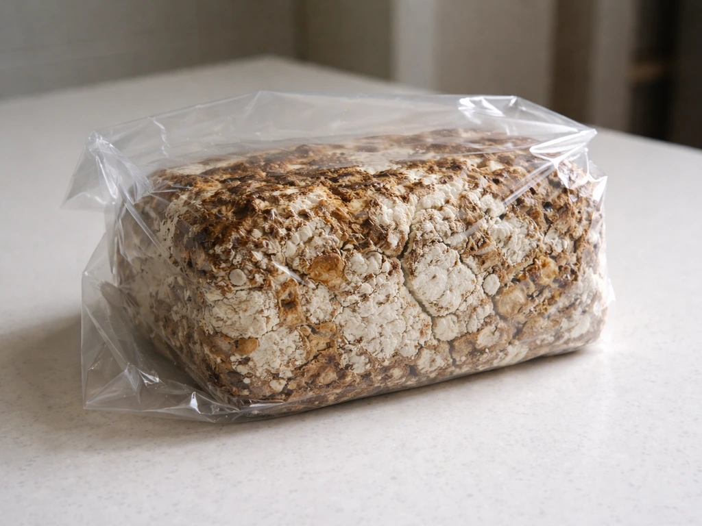 Cracked shiitake block still sealed in its shipping bag on a kitchen counter