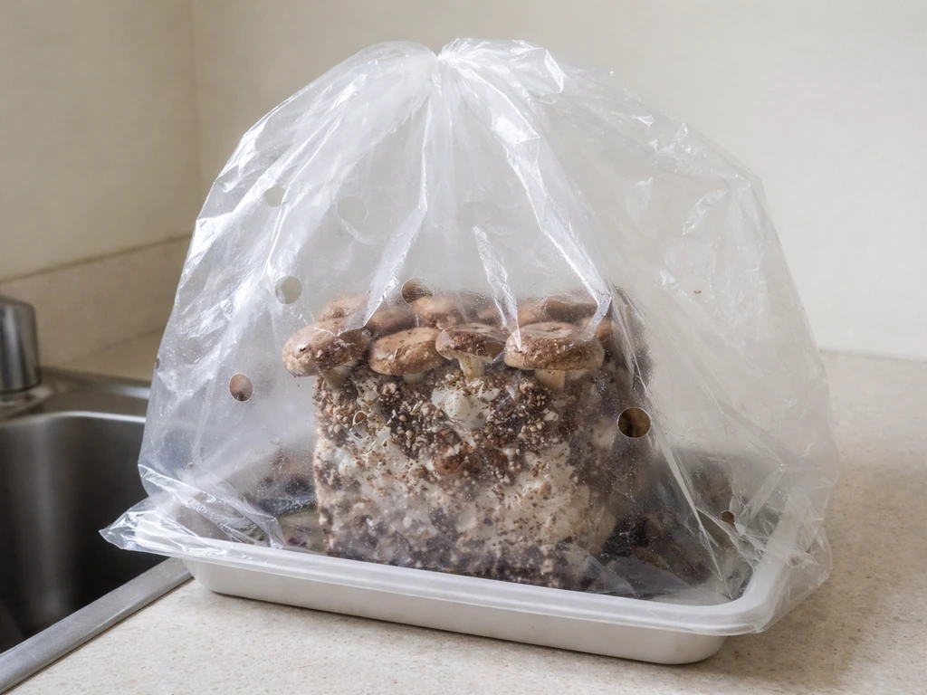 Clear plastic bag humidity tent with small holes around a shiitake block, with condensation visible
