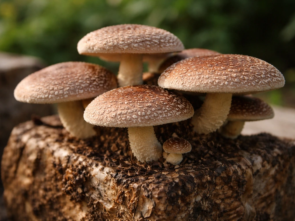 Harvest-ready shiitake mushrooms growing on a wood block, with caps broadened and edges slightly curled.