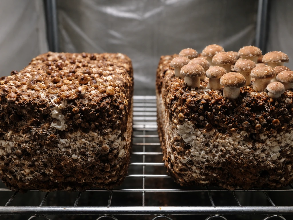 Two shiitake grow blocks side-by-side: aborted pins on one, healthy developing pins on the other.