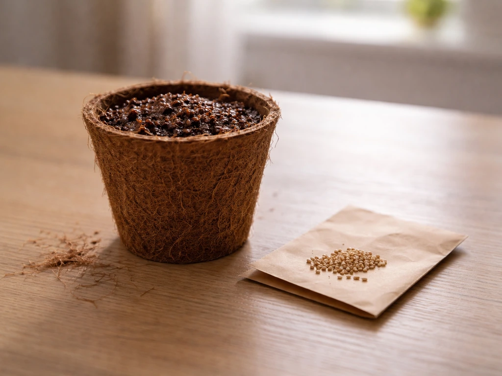 Close-up of a money plant kit on a kitchen table with a moist coconut coir pot and seed packet.