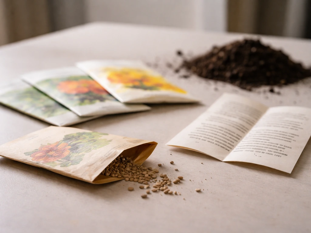 Close-up of several seed packets and instructions laid out beside soil, indicating checking the exact seed variety