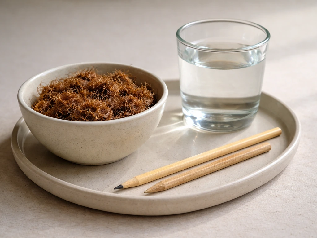 Tabletop kit tools: bowl of soaked coir, cup of water, pencil/chopstick, and a shallow tray to catch runoff.