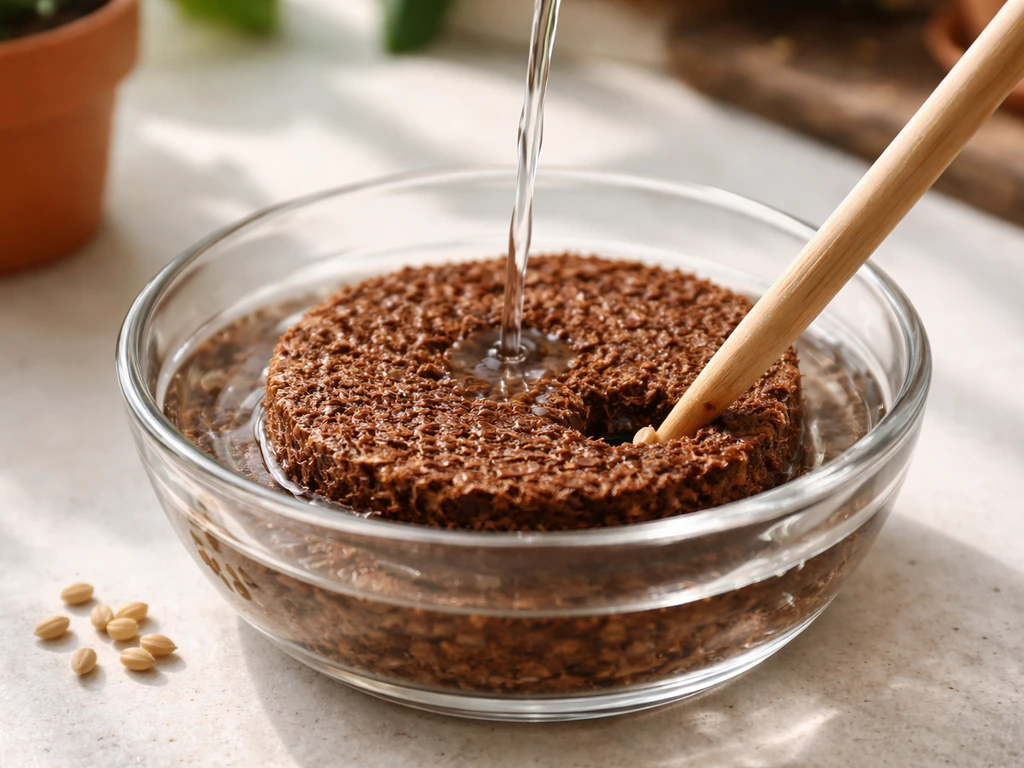 Expanded coir disc in a bowl as water pours in; a pencil makes a small seed hole and seeds are placed.