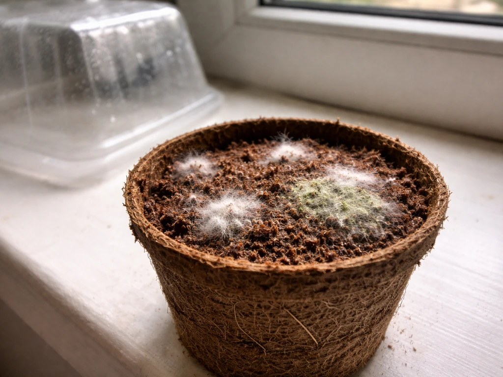 Close-up of coir with white fuzzy mold and faint green algae; plastic humidity dome removed nearby.