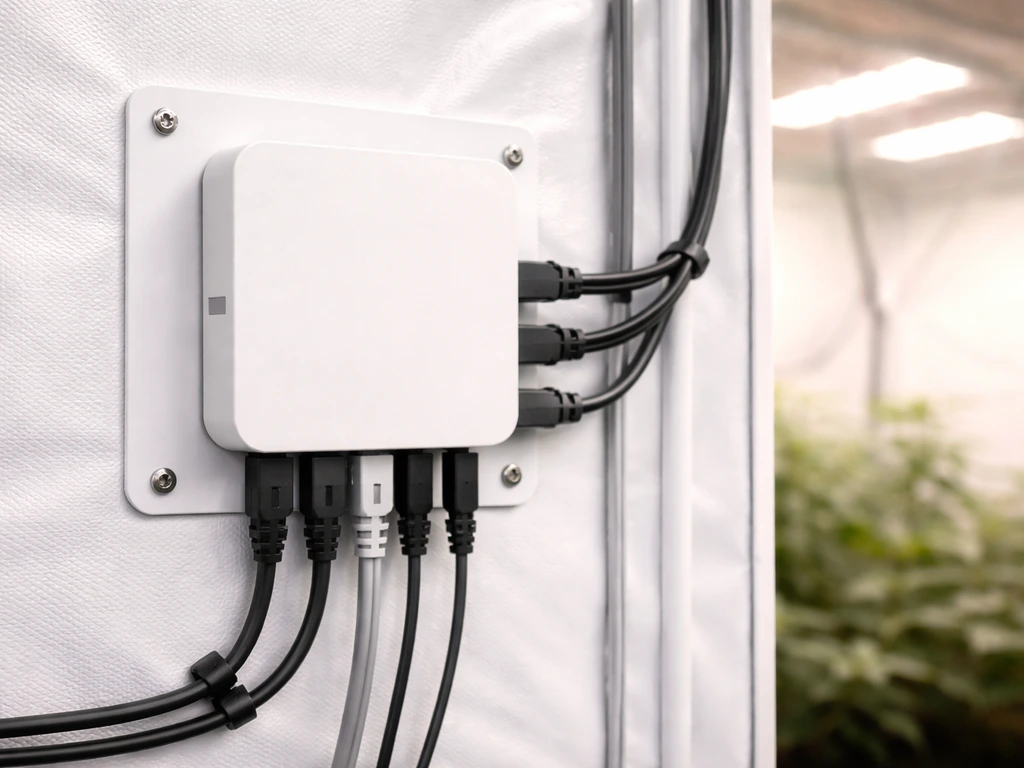 Smart grow hub controller mounted on a grow tent wall with connected cables and softly blurred plants behind