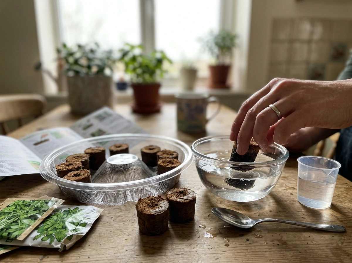Grow kit components staged for dipping seeds/plug media in cool water on a table.