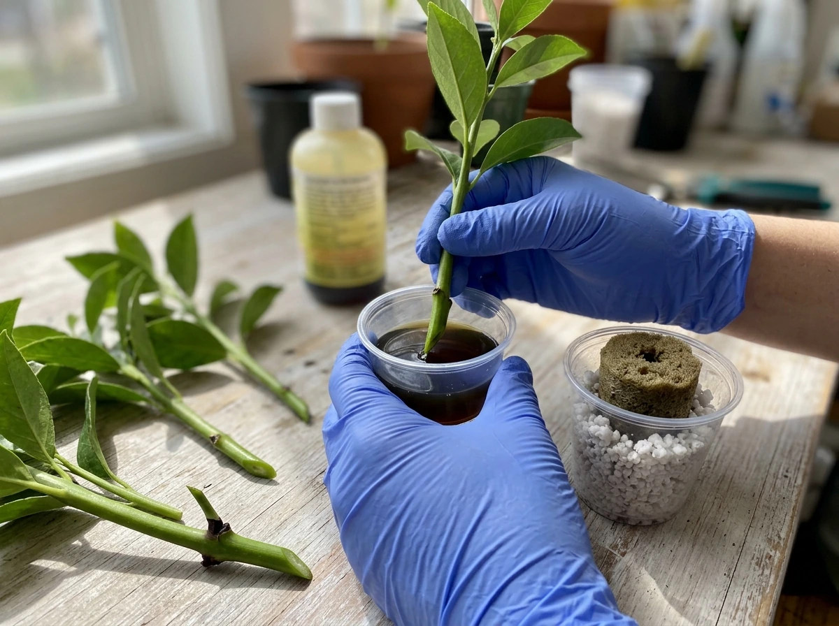 Cuttings prepped with an angled cut and dipped into rooting concentrate for propagation.