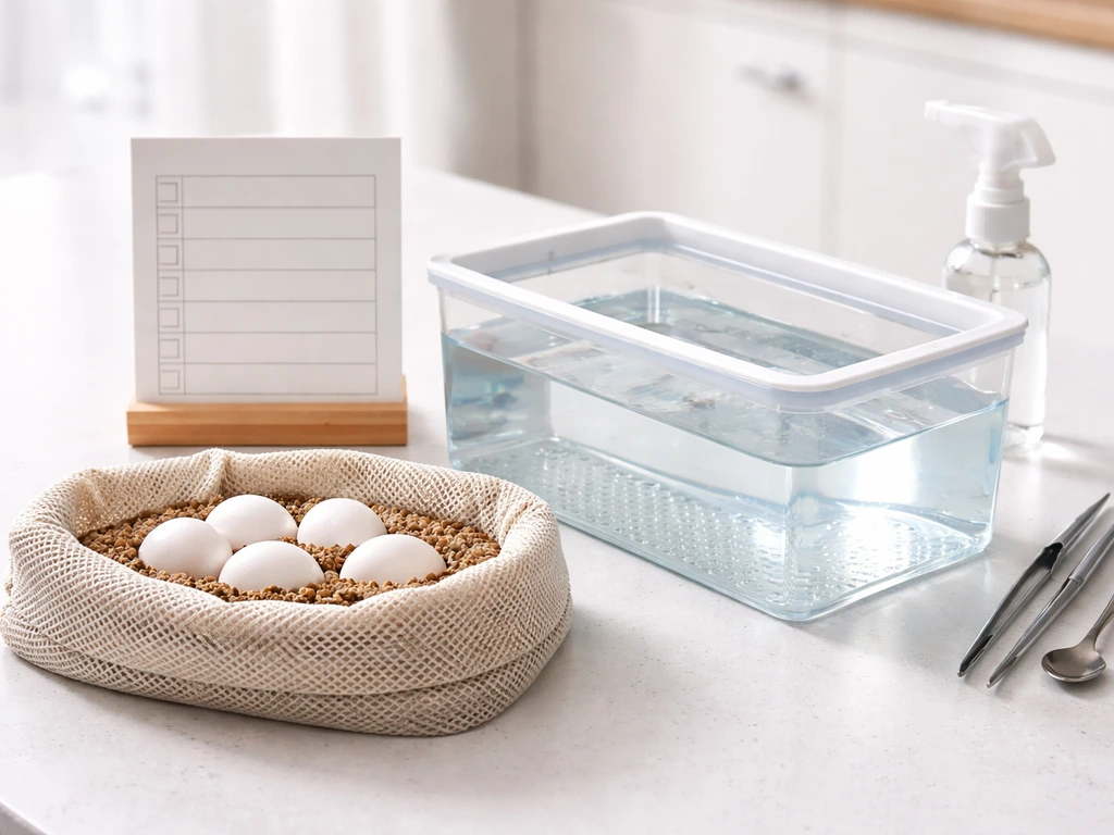 Close-up of eggs and a prepared hatch-and-grow tray with clear water and a simple day-by-day card