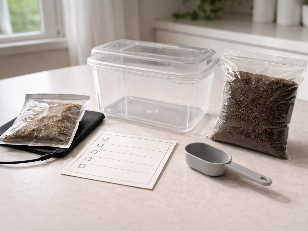 A hatch-and-grow kit unboxed with a simple before-you-start checklist on a plain card and components laid out neatly.