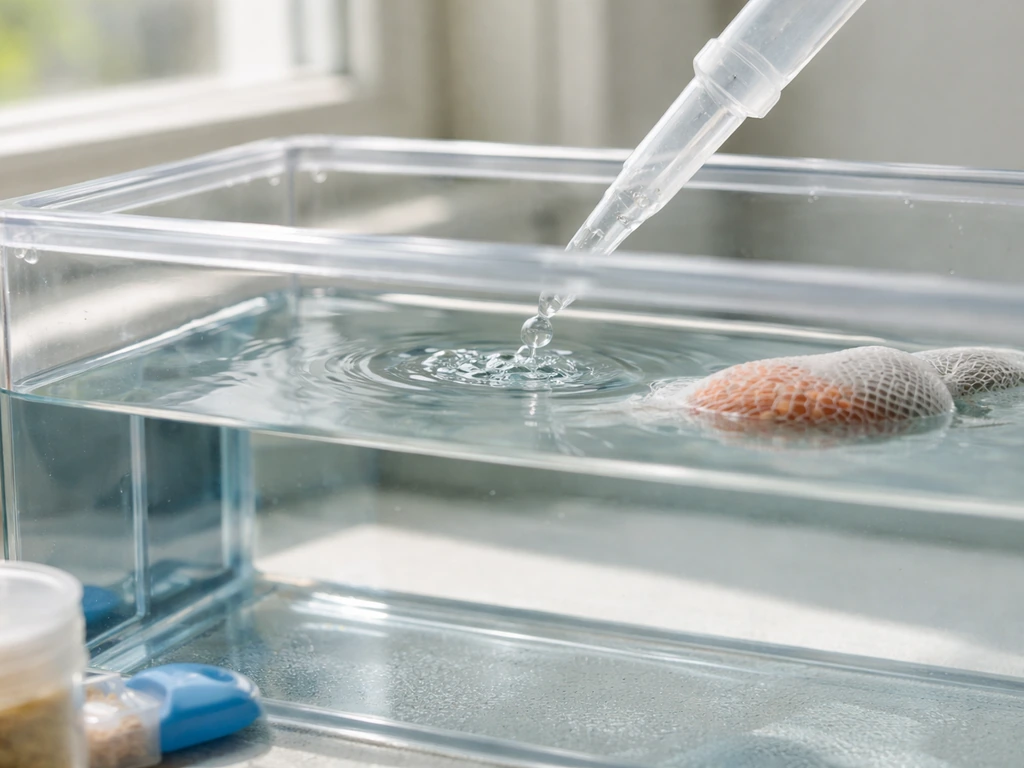 Clear tank with bottled still water as a pipette releases gentle air bubbles at the surface.