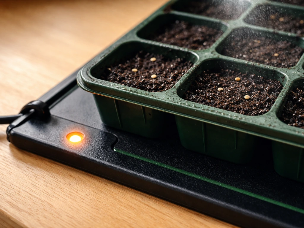 Close-up of a heat-mat glowing under a seed tray with planted cells and fresh spritz mist.