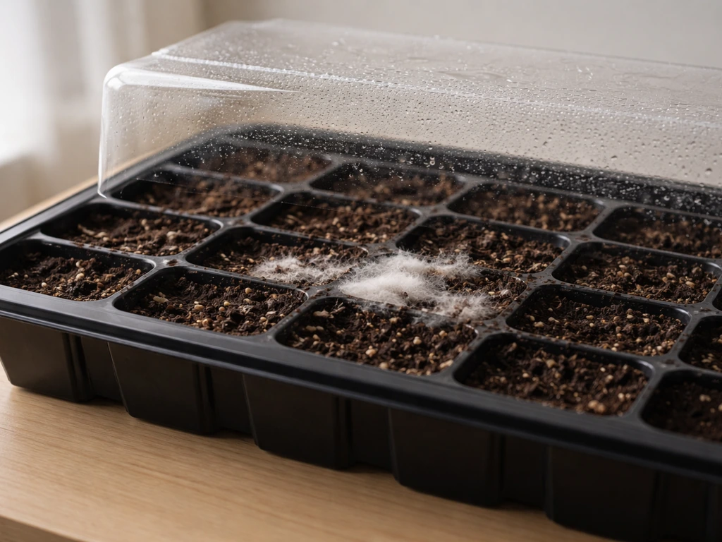 Close-up of white fluffy mold on a seed tray under a clear grow dome, with excess moisture visible.