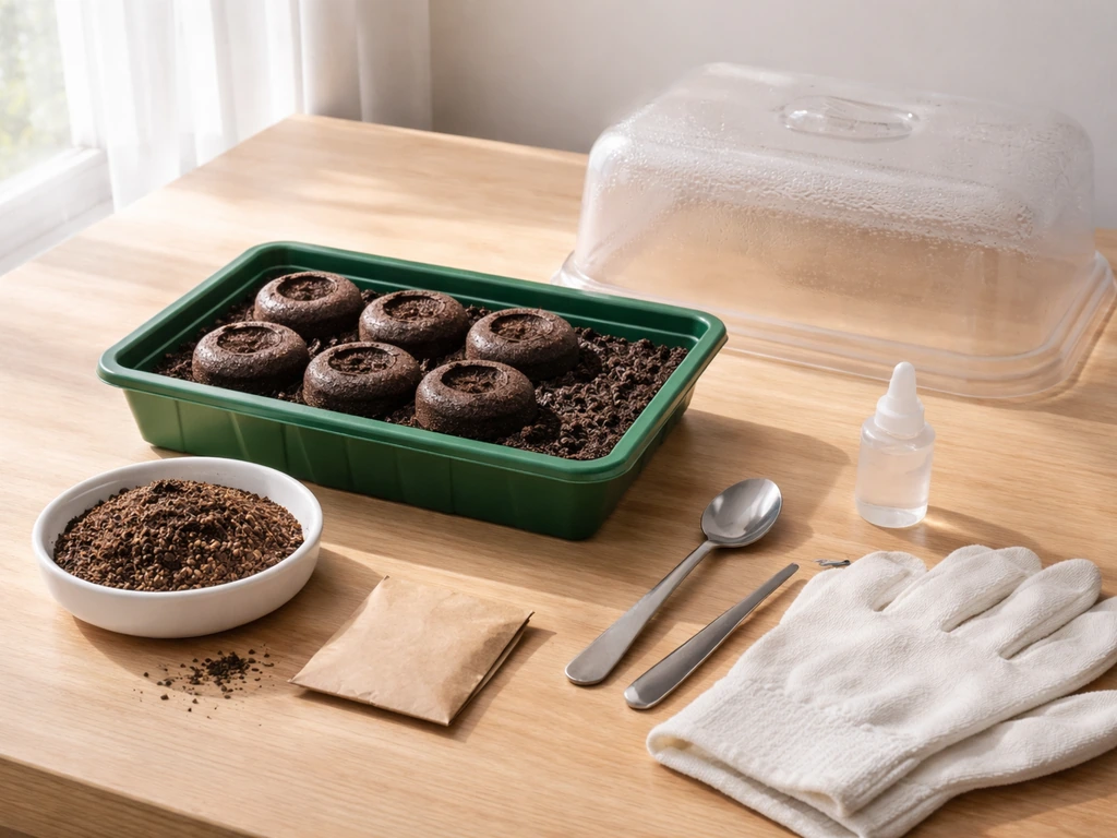 Buzzy aloe grow kit components and seed medium laid out on a light wood table, ready for planting