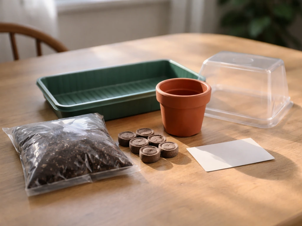 Aloe grow kit components laid out on a table with an unlabeled reference card nearby.