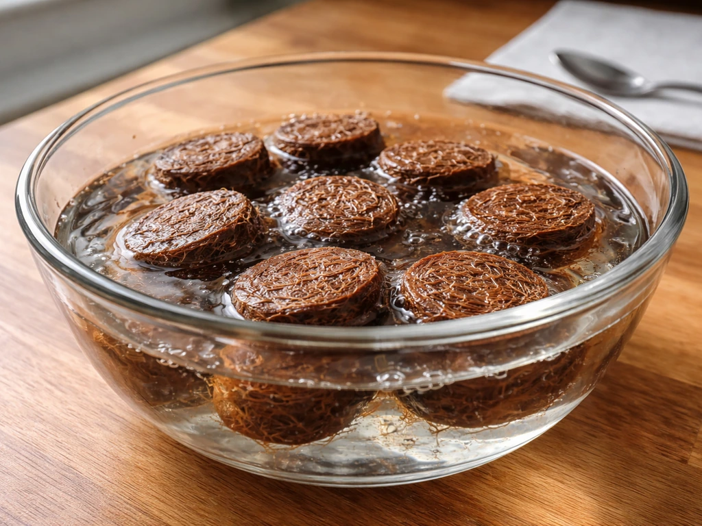 Coconut husk pellets soaking in a clear bowl of water, ready to expand before seeding