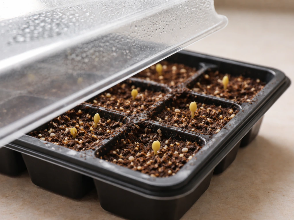 Seedling tray closeup with tiny sprouts emerging as a translucent plastic cover is lifted away.