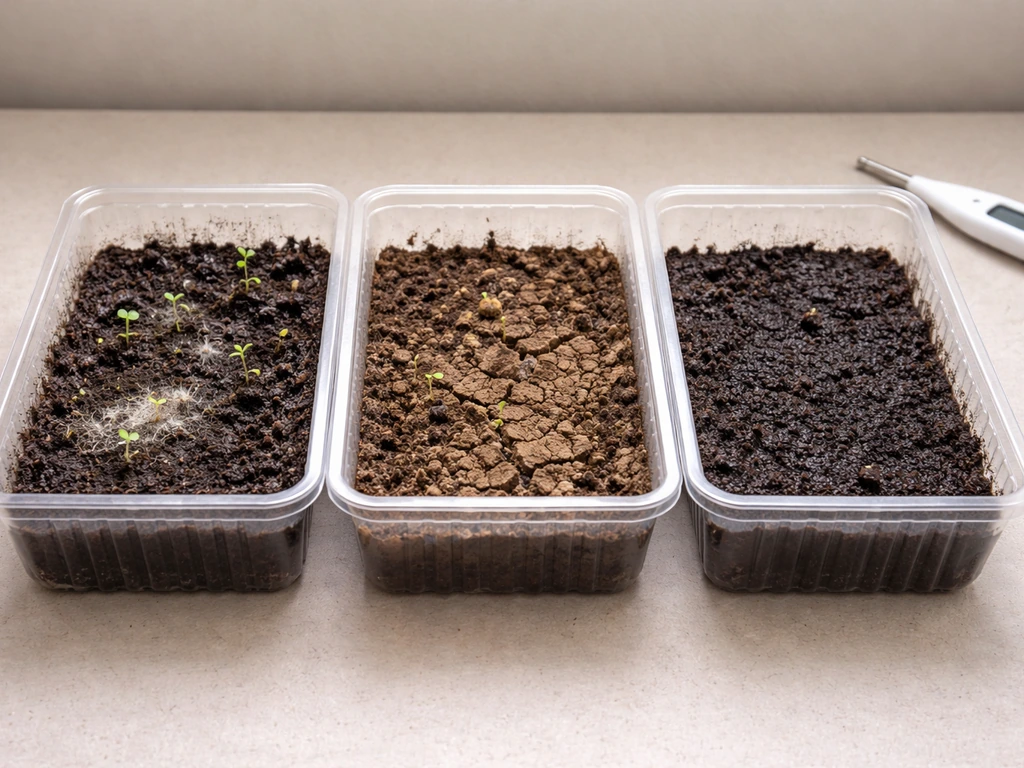 Three seed-starting trays showing overwatering, underwatering, and too-cold issues with visible soil differences.