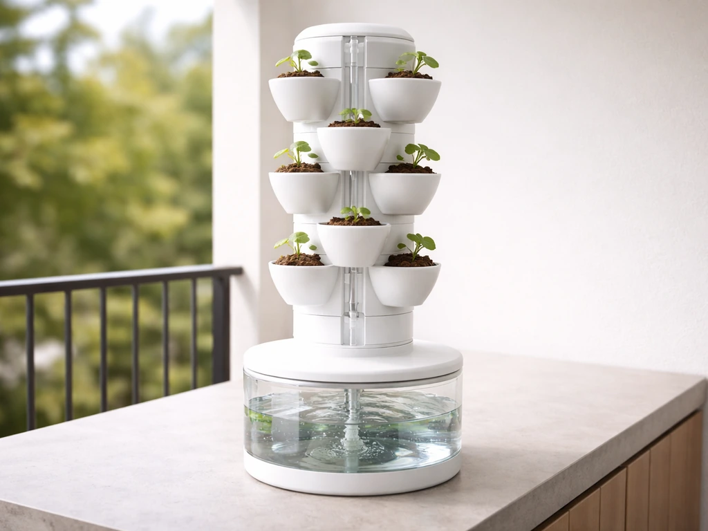 Vertical hydroponic tower with stacked pots on a balcony countertop, water visibly flowing through the system.