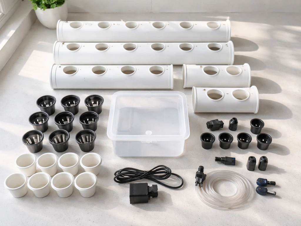 Top-down view of hydroponic tower kit parts laid out on a clean kitchen counter.