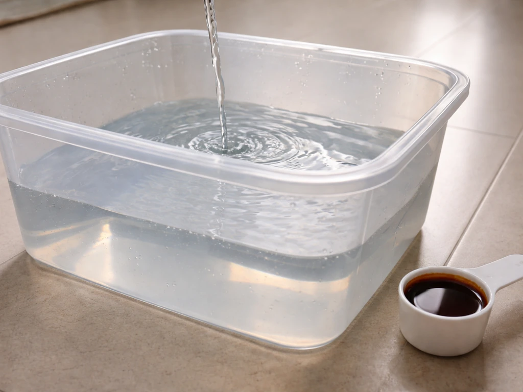 Close-up of topping a plant reservoir with clear liquid and nutrient concentrate, minimal indoor setup.