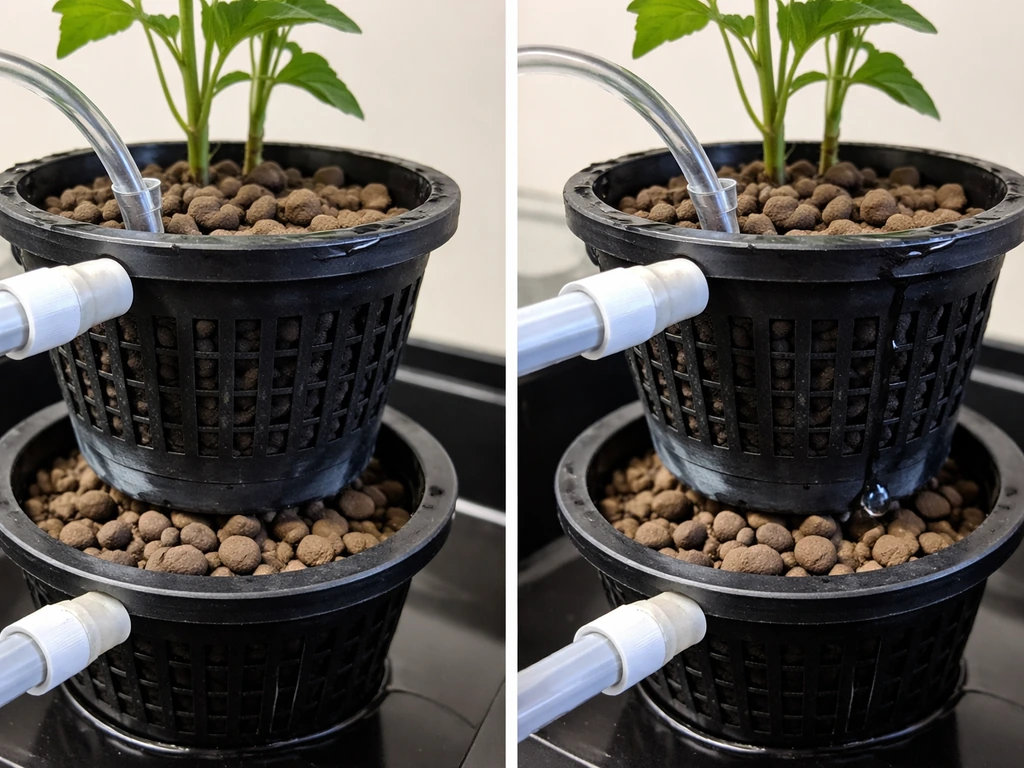 Split-view photo showing upper plant pots dry on left and properly watered on right after fixing a PVC drip line.