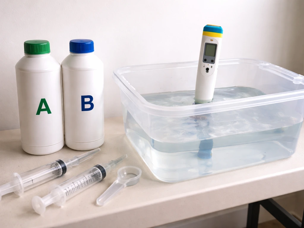 Two nutrient bottles A and B beside an EC/pH meter, syringes, and a reservoir tub in a grow-room.