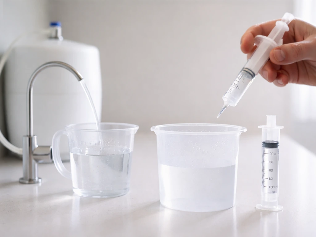 Minimal setup of RO/distilled water source, measuring syringe, and mixing container for preparing nutrient stock.