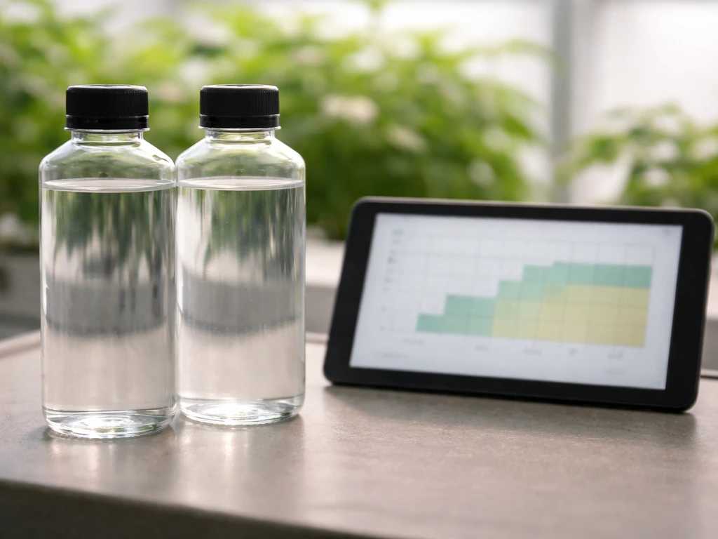 Minimal hydroponics setup with nutrient bottles and a tablet showing an untitled feeding ramp guide