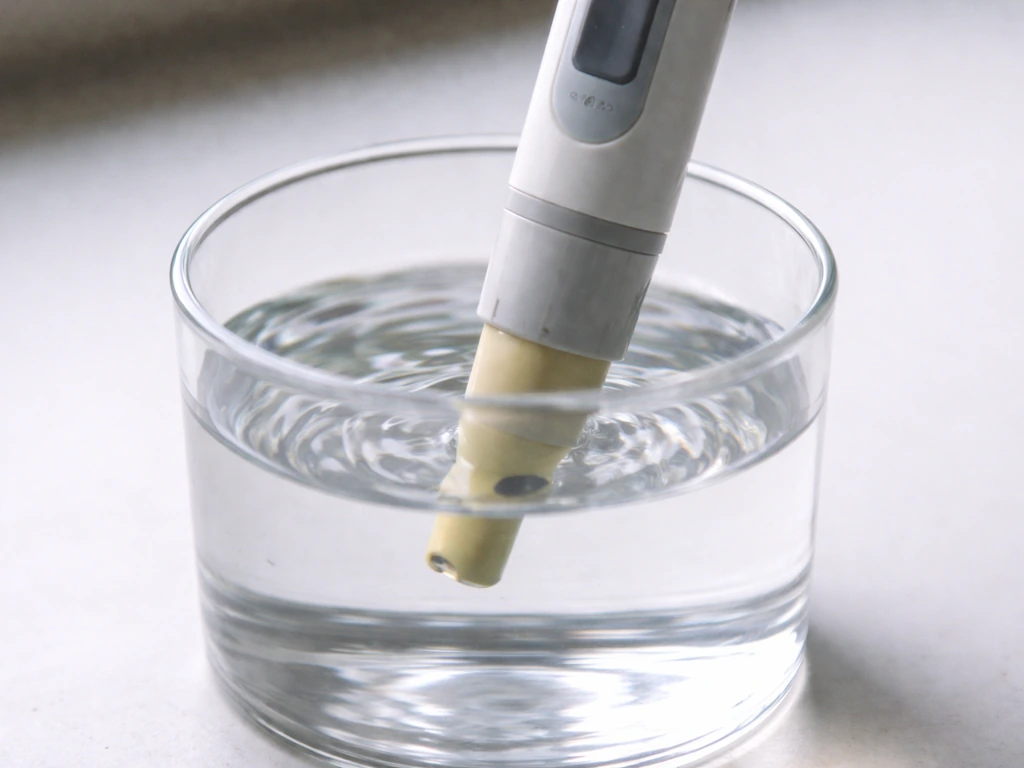 Close-up of a pH testing pen and mixed nutrient water with pH out of target range