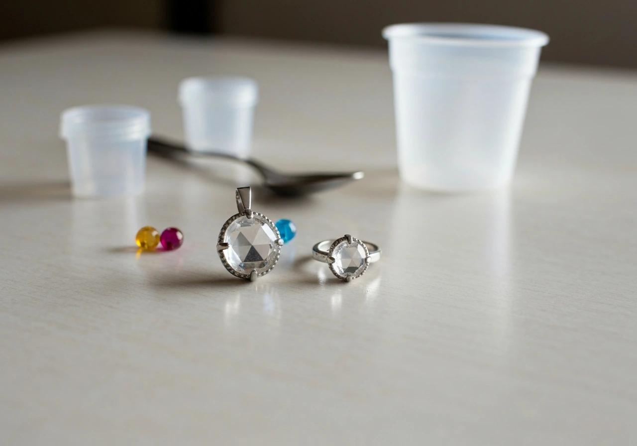 Colorful crystal pendant and ring on a bright tabletop with a DIY grow-your-own kit in the background.
