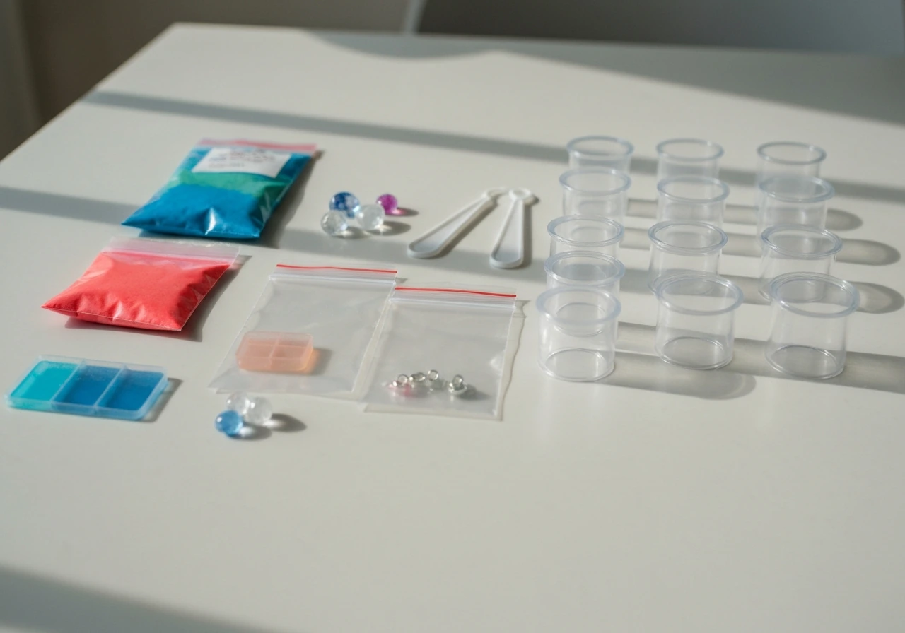 Crystal jewelry kit materials—powder, dye tablets, tools, and clear molds—laid out neatly on a table