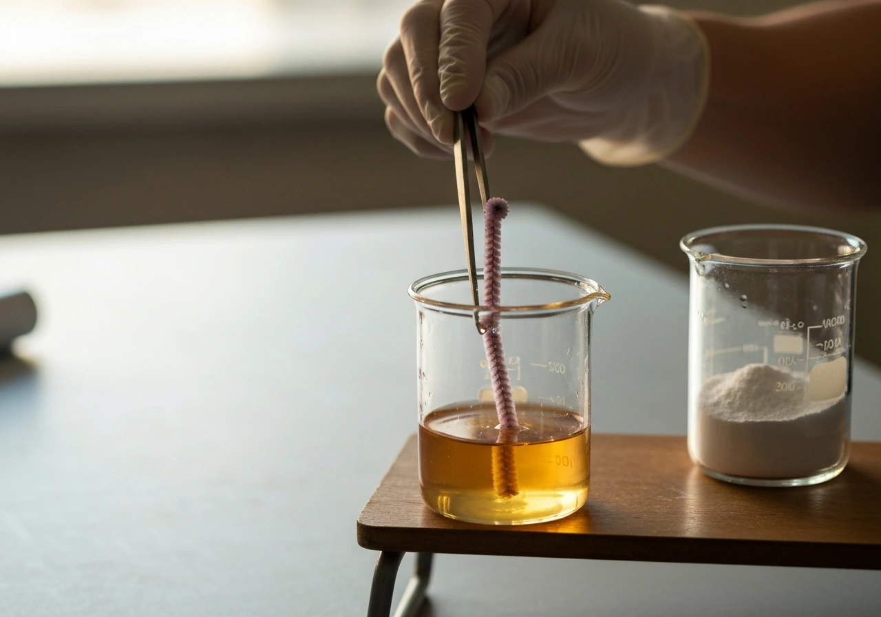 Gloved hands use tweezers to submerge pipe cleaner forms into warm seeding solution in a glass beaker.